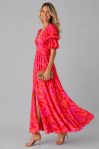 Womens Floral Maxi Dress | Puff Sleeve Front Slit