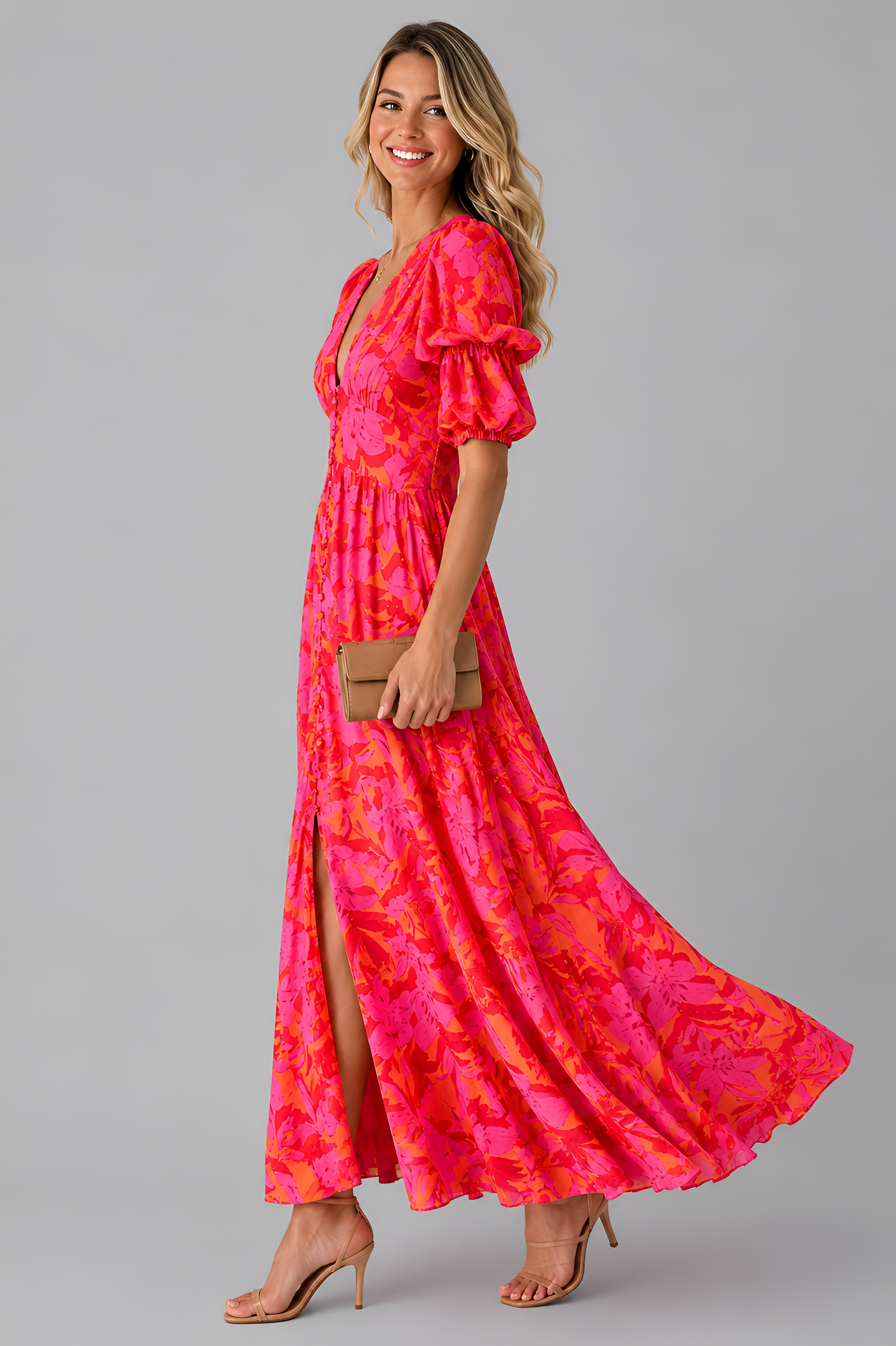 Womens Floral Maxi Dress | Puff Sleeve Front Slit