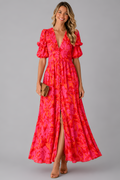 Womens Floral Maxi Dress | Puff Sleeve Front Slit