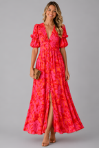 Womens Floral Maxi Dress | Puff Sleeve Front Slit