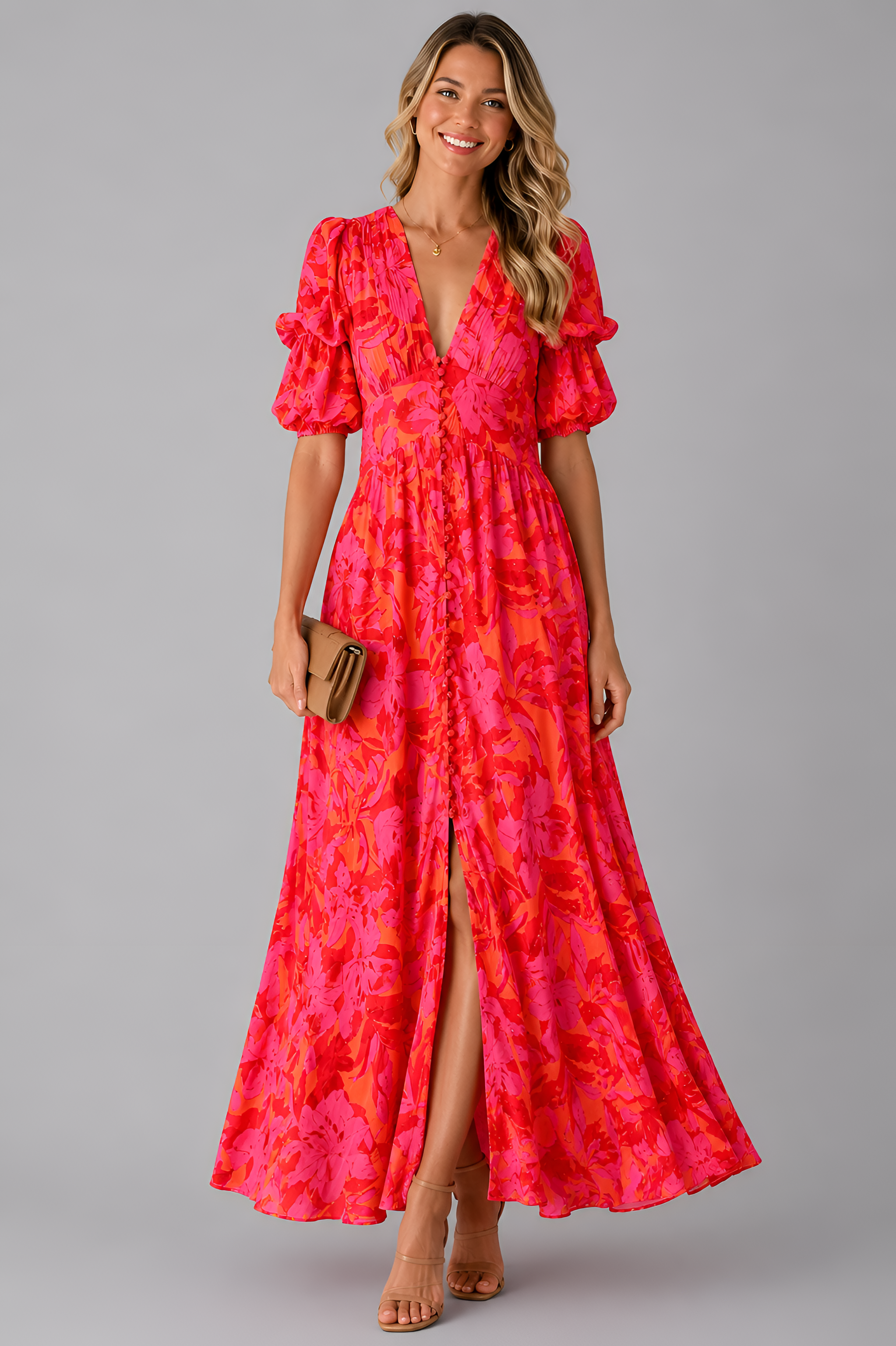 Botanical Print Puff Sleeve Maxi Dress