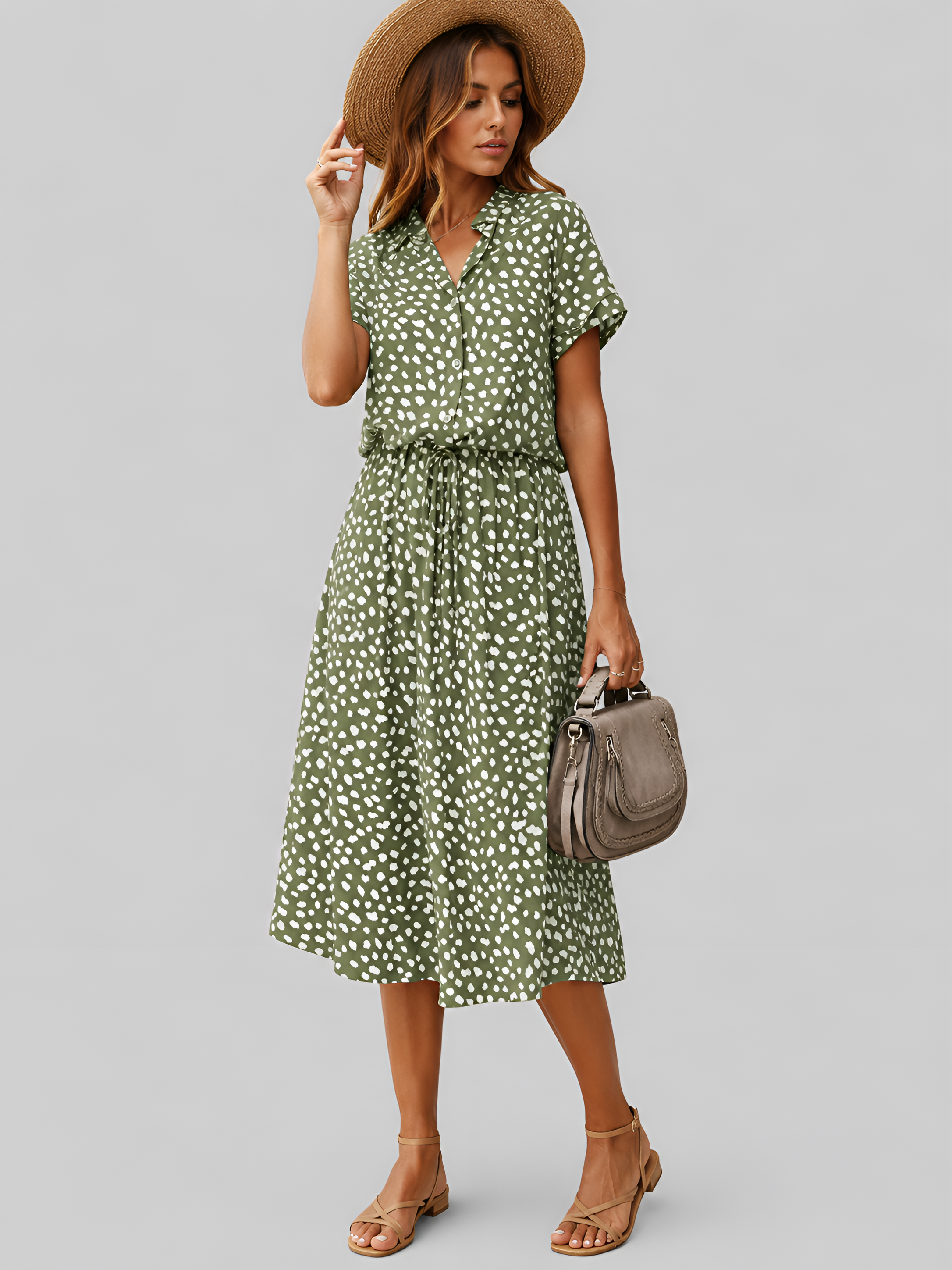 Button Front Spot Print Midi Dress