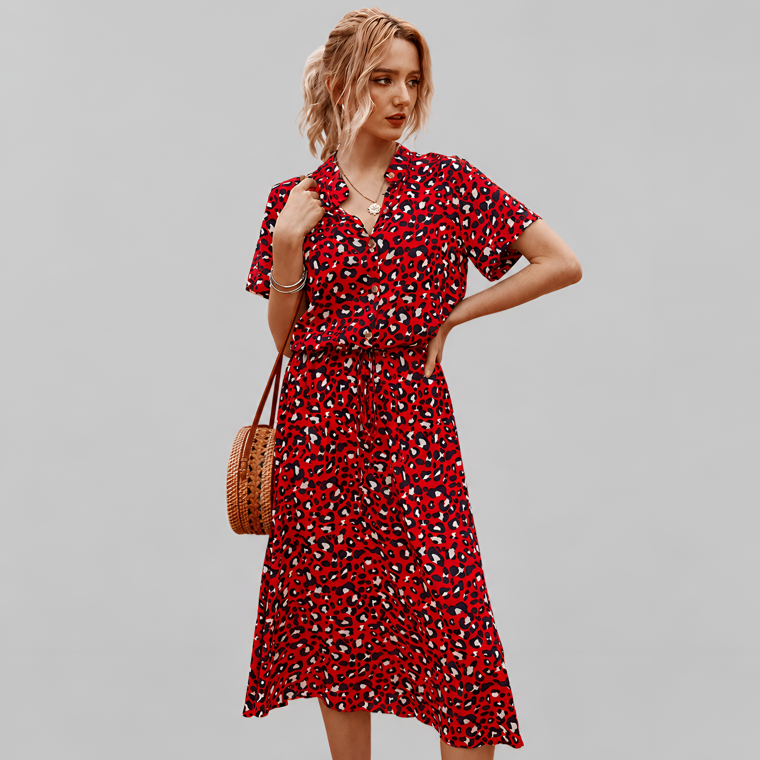 Button Front Spot Print Midi Dress