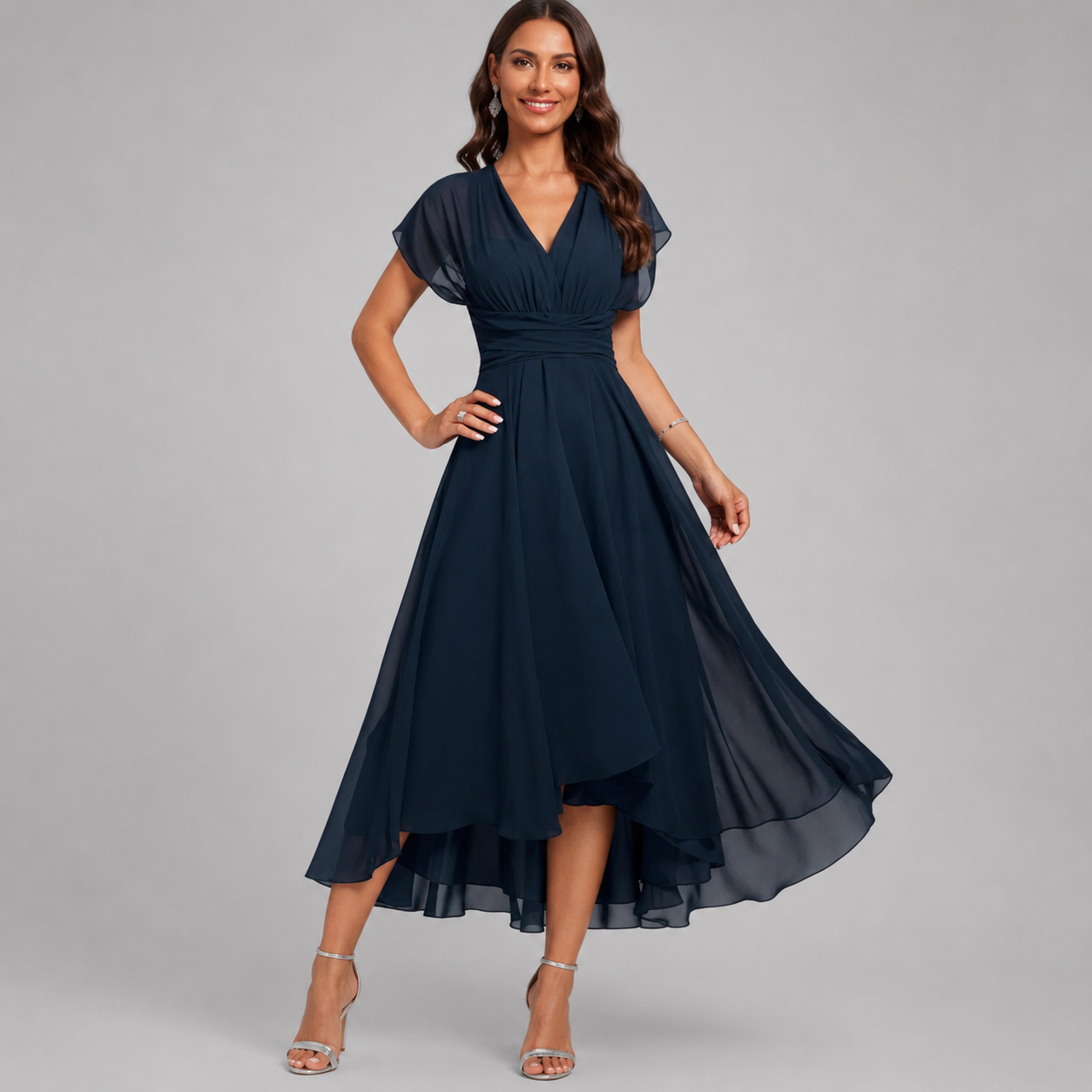 Flutter Sleeve Chiffon A-Line Midi Dress