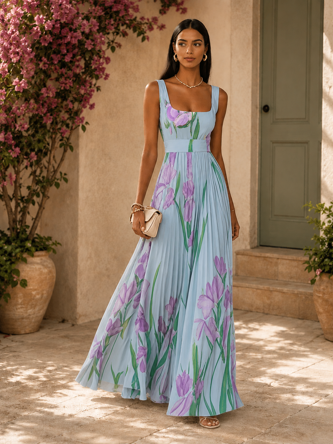 Women’s Floral Pleated Maxi Dress with Square Neckline