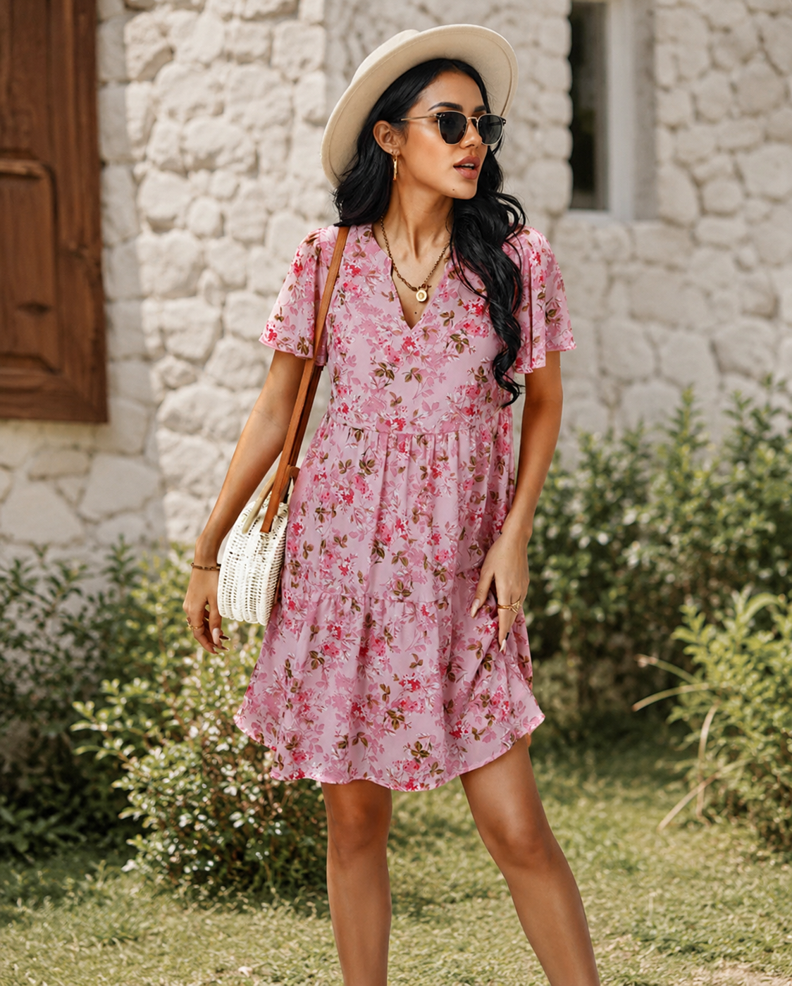 Women's Tiered Mini Dress with Floral Print
