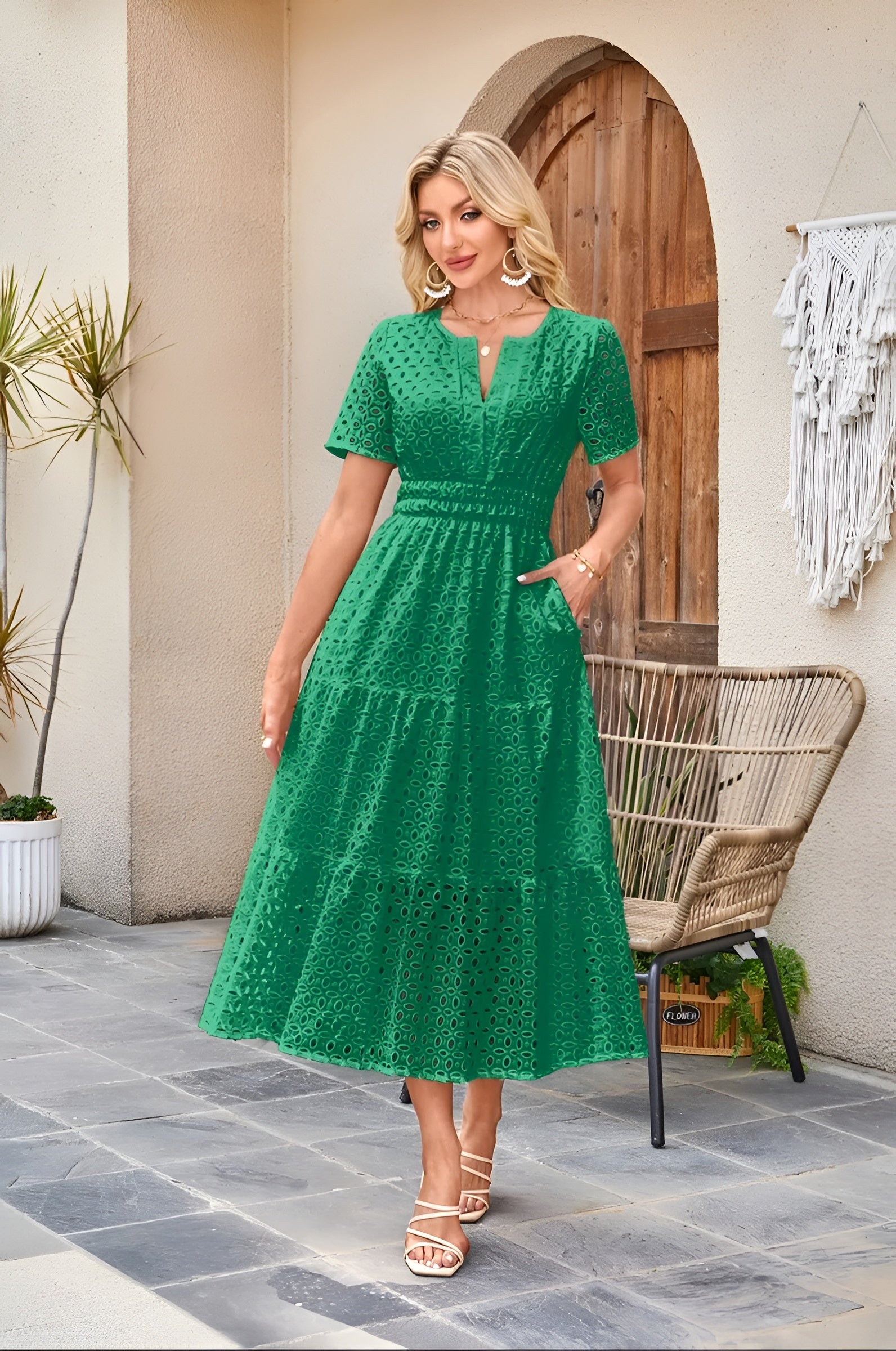 Eyelet Fitted Waist Maxi Dress