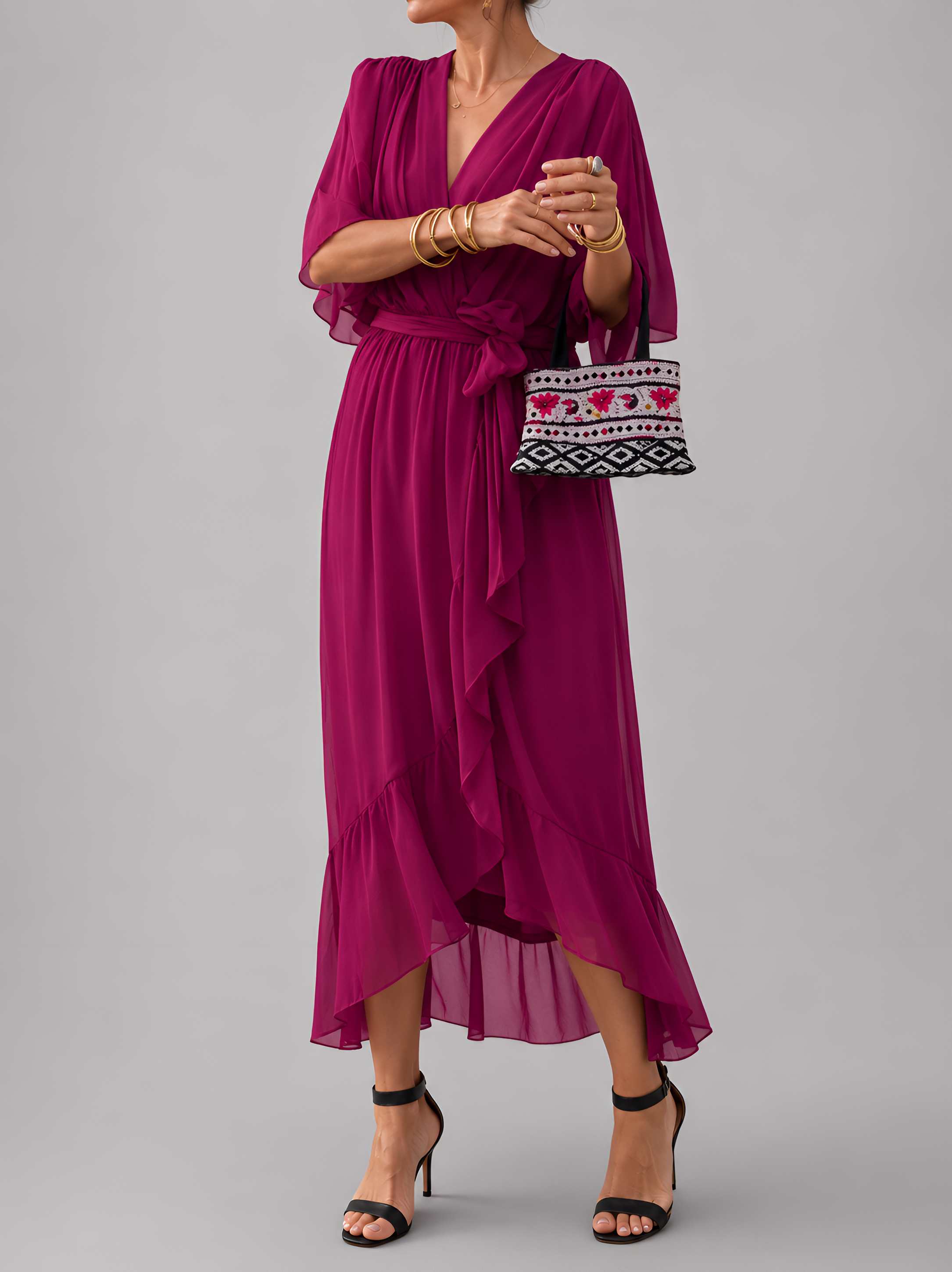 Flowy Sleeve Tie Waist Midi Dress