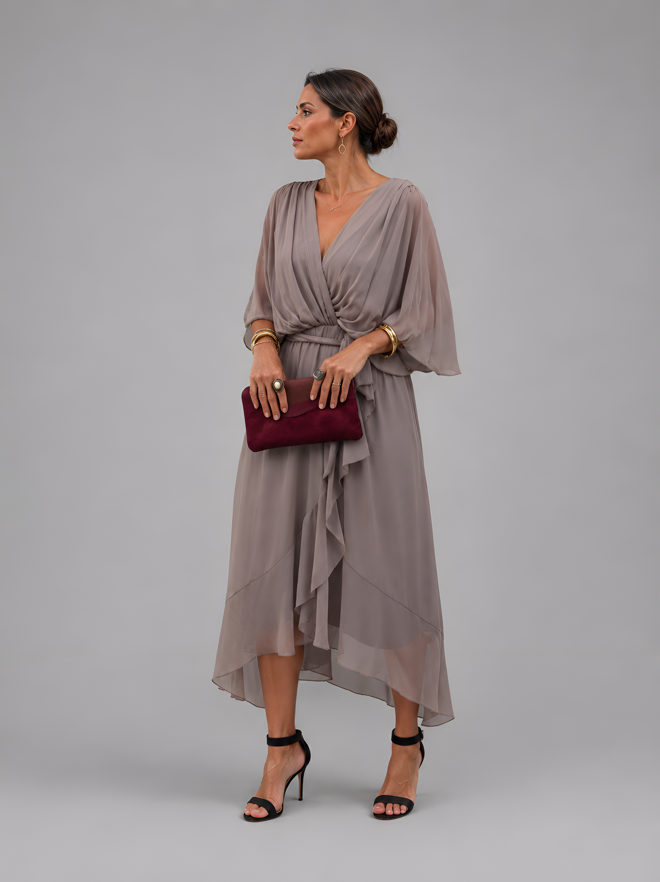 Flowy Sleeve Tie Waist Midi Dress