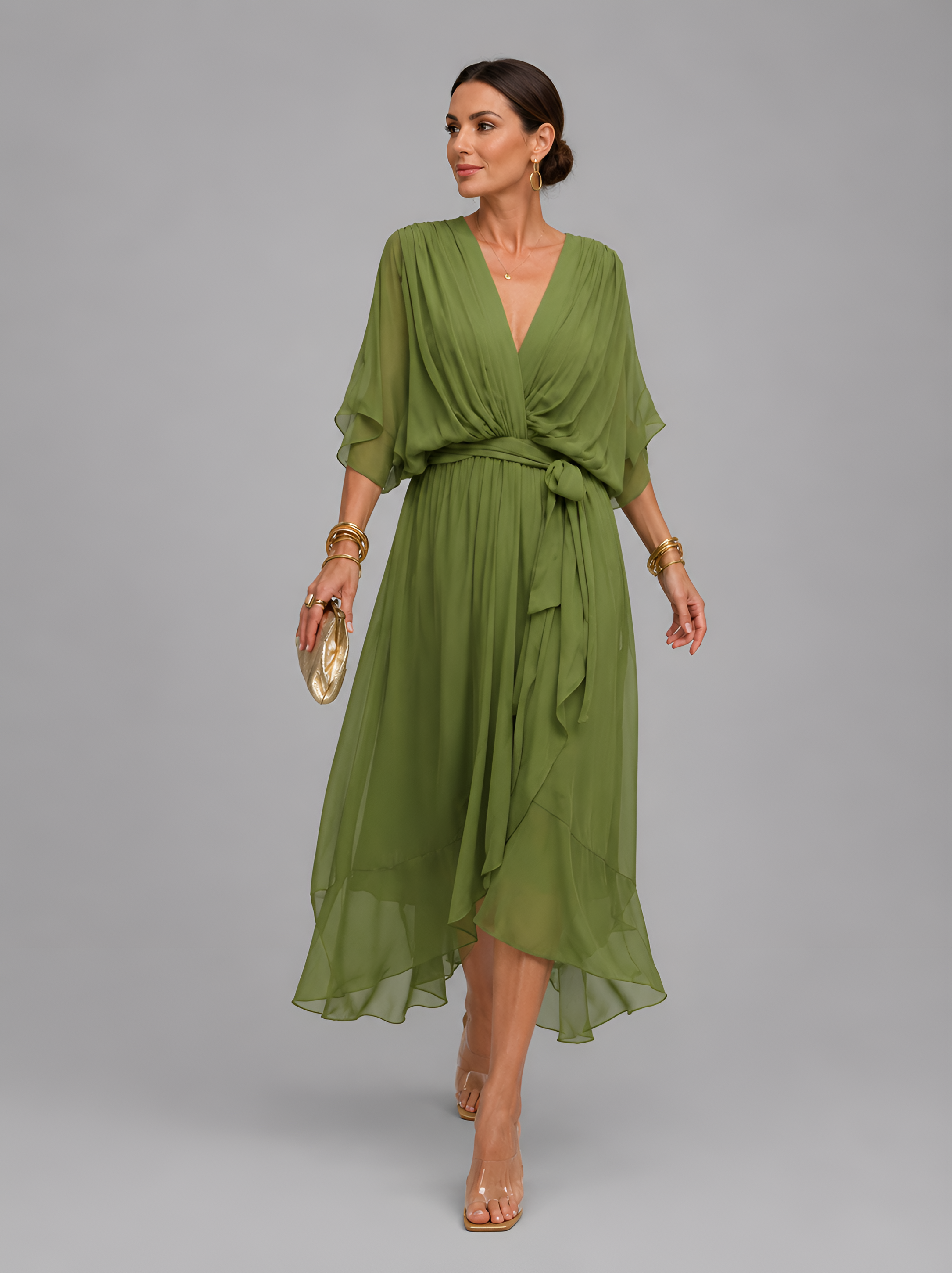 Flowy Sleeve Tie Waist Midi Dress