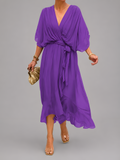 Flowy Sleeve Tie Waist Midi Dress