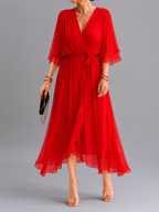 Flowy Sleeve Tie Waist Midi Dress