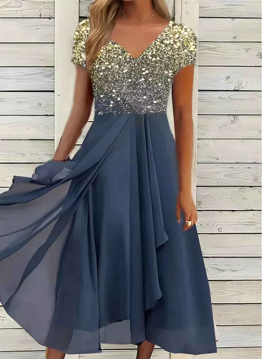 Womens Two-Tone Fitted Evening Dress with Stretch