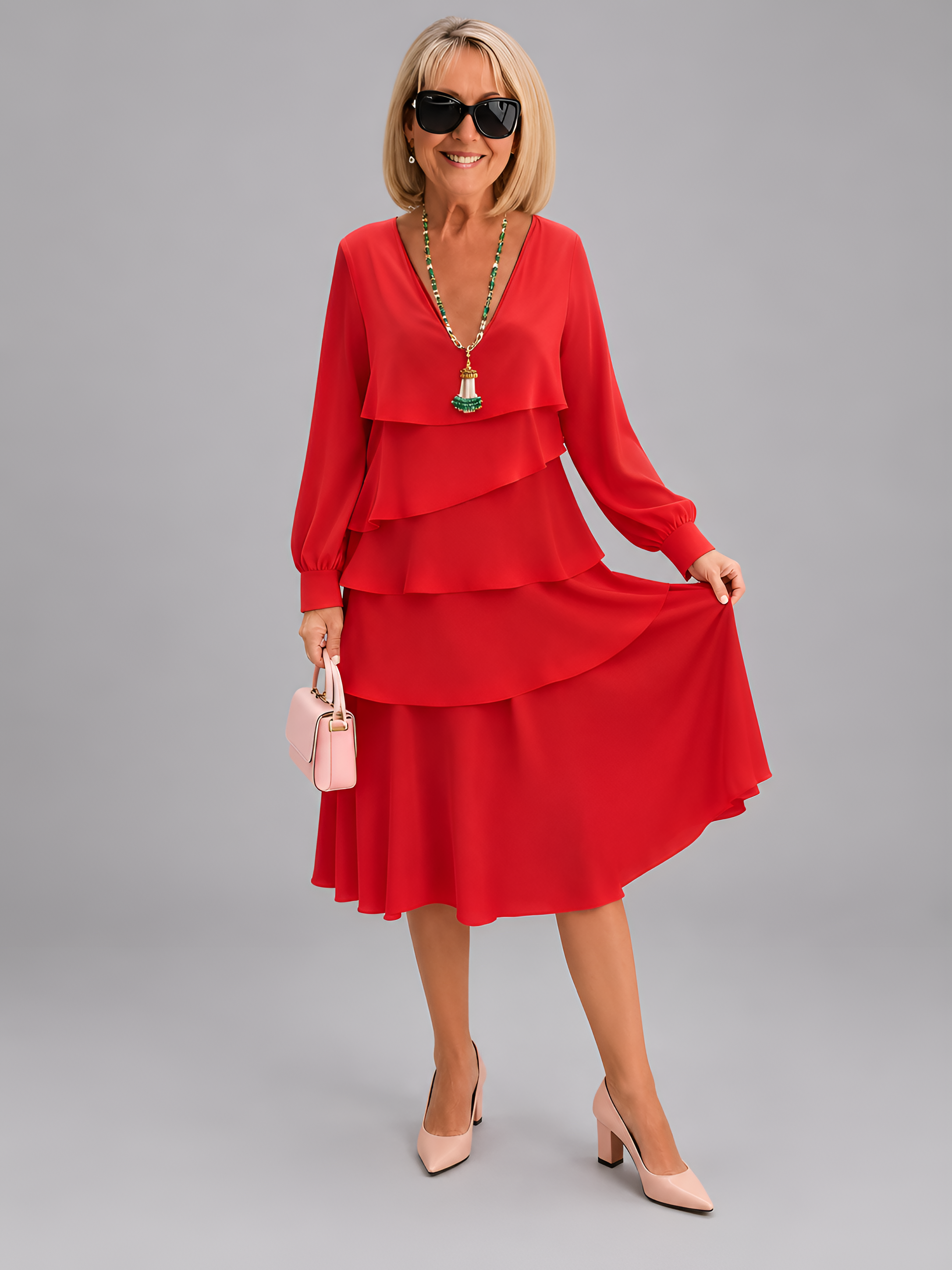 Layered V-Neck Midi Dress