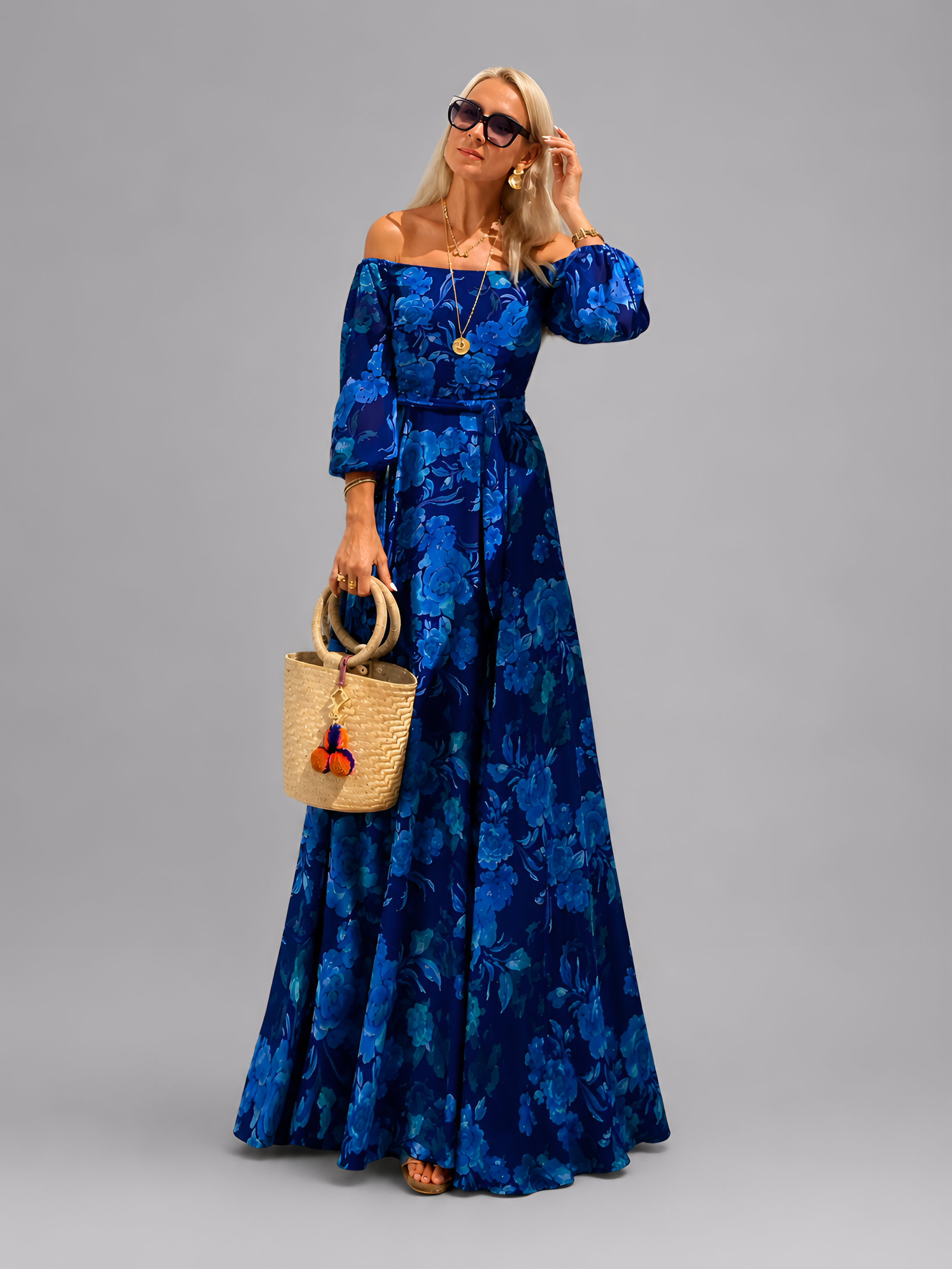 Off Shoulder Botanical Maxi Dress