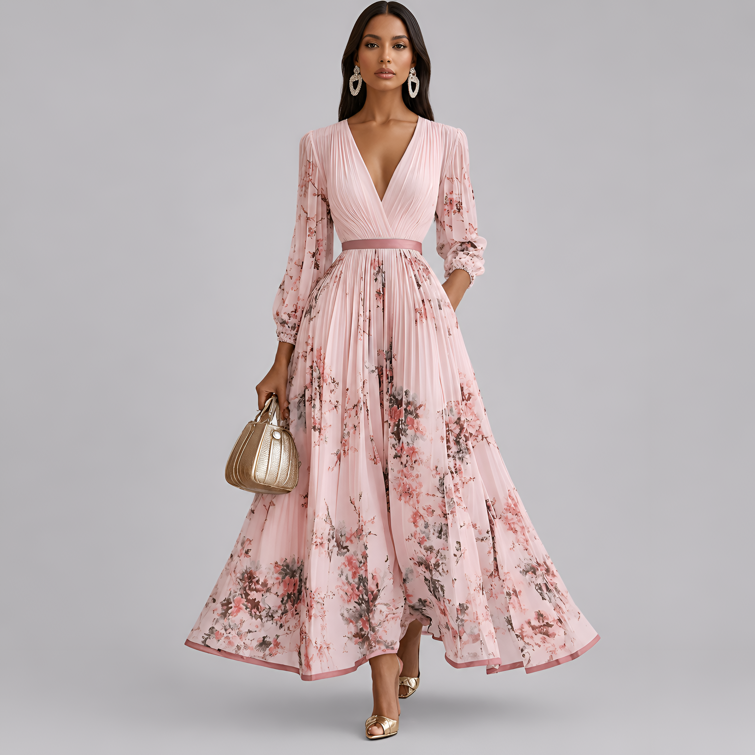 Pleated Floral Print Maxi Dress