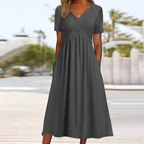 Pleated Waist V-Neck Midi Dress