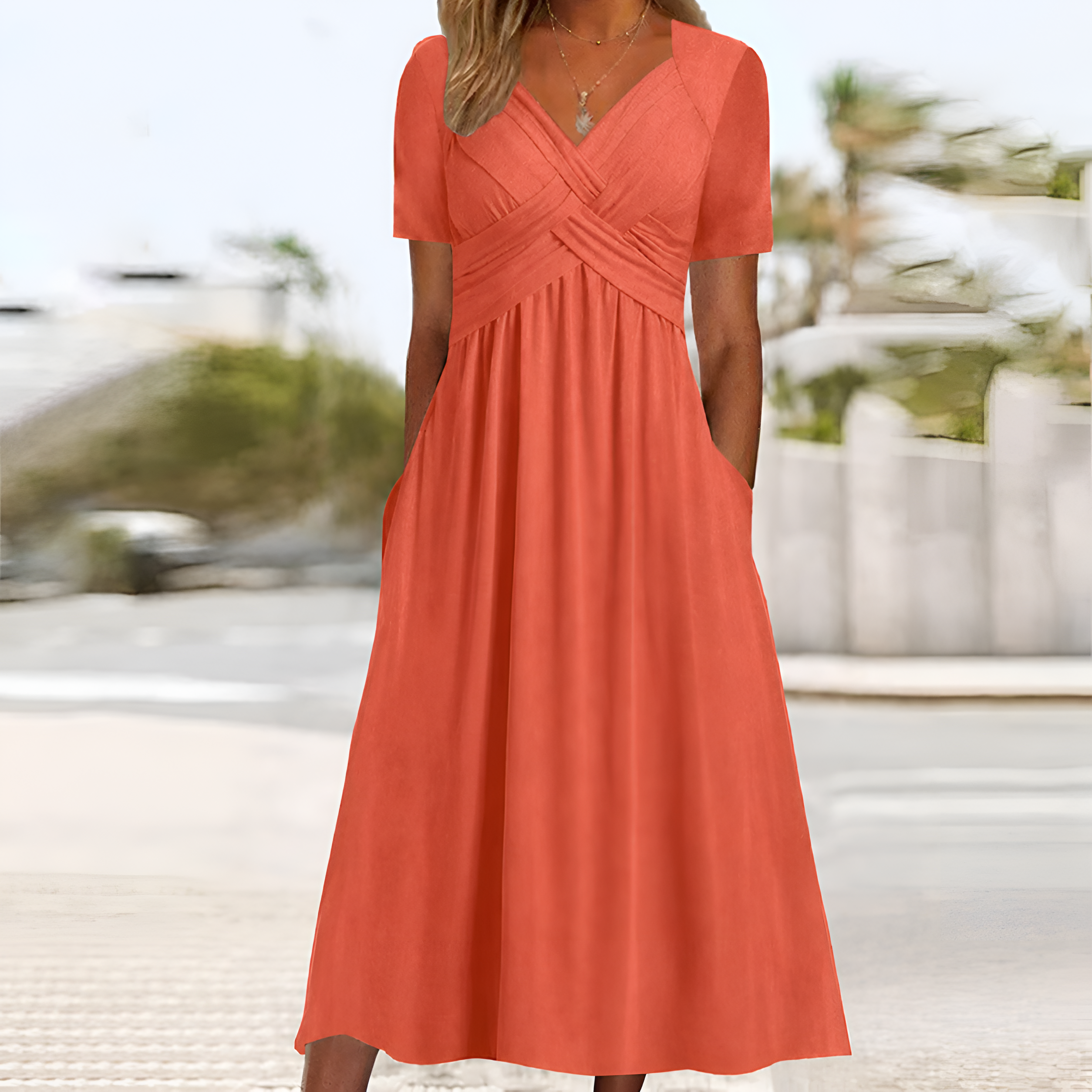 Pleated Waist V-Neck Midi Dress