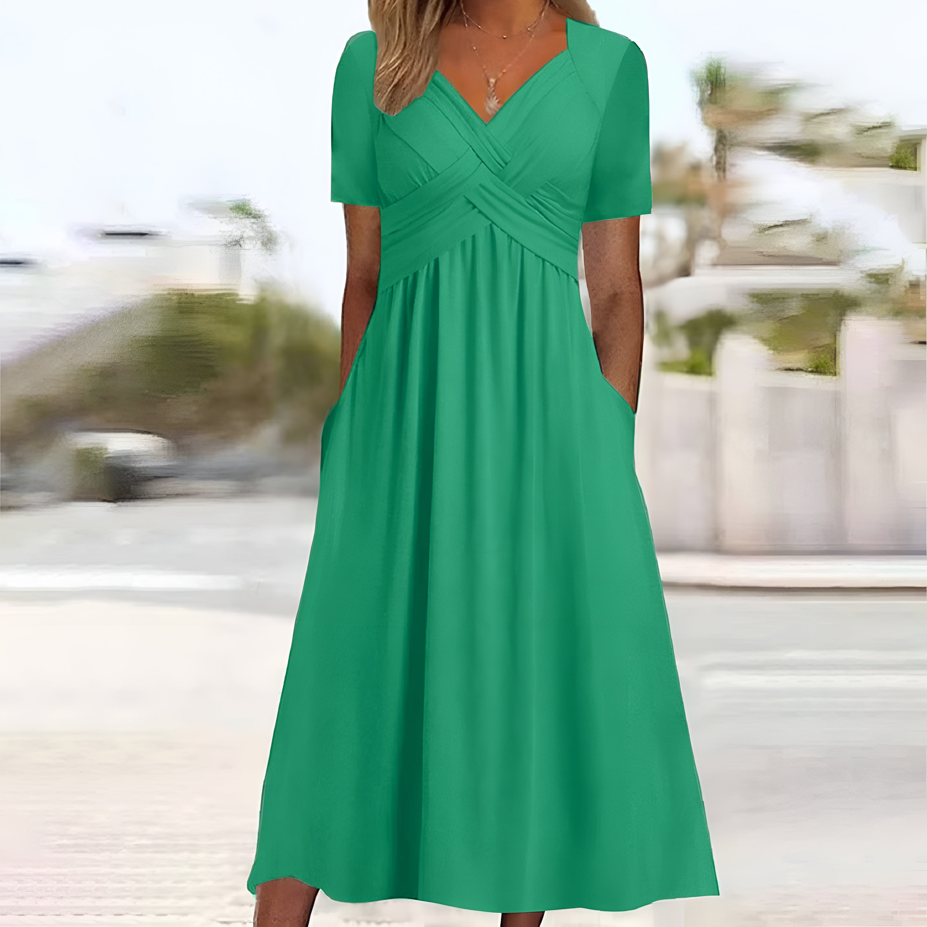 Pleated Waist V-Neck Midi Dress