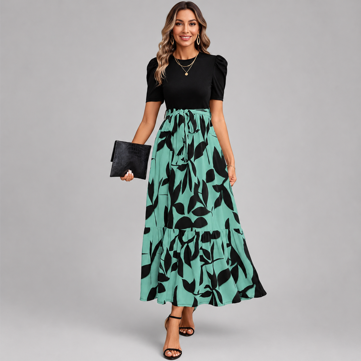 Printed Puff Sleeve Tiered Maxi Dress