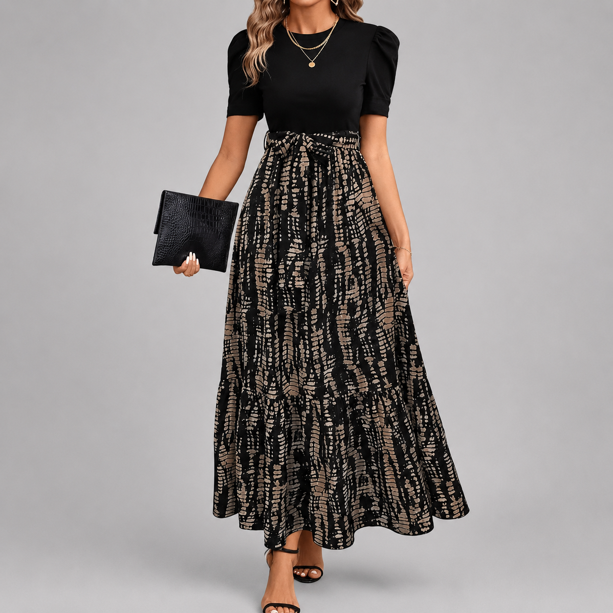 Printed Puff Sleeve Tiered Maxi Dress