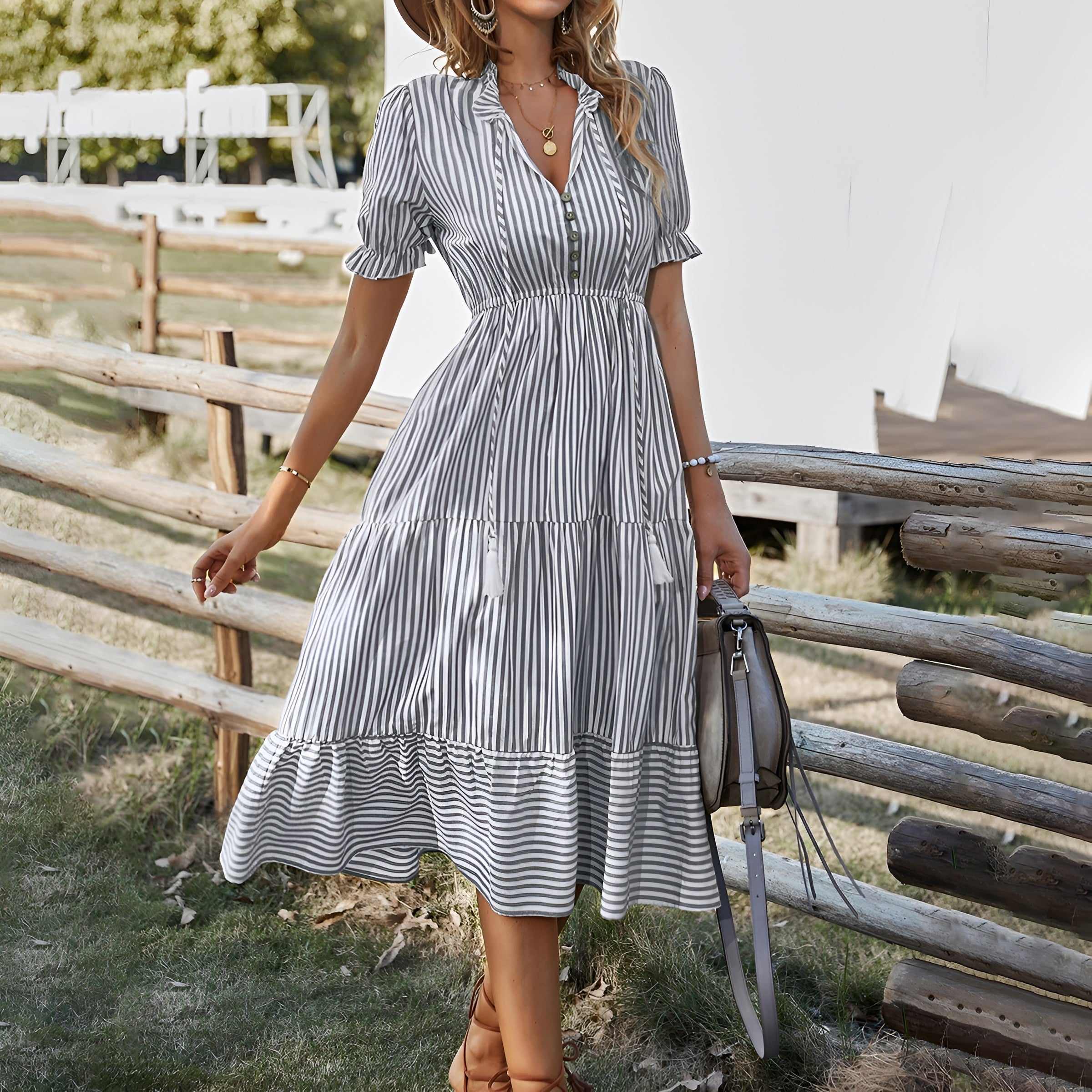 Striped Puff Sleeve Midi Dress