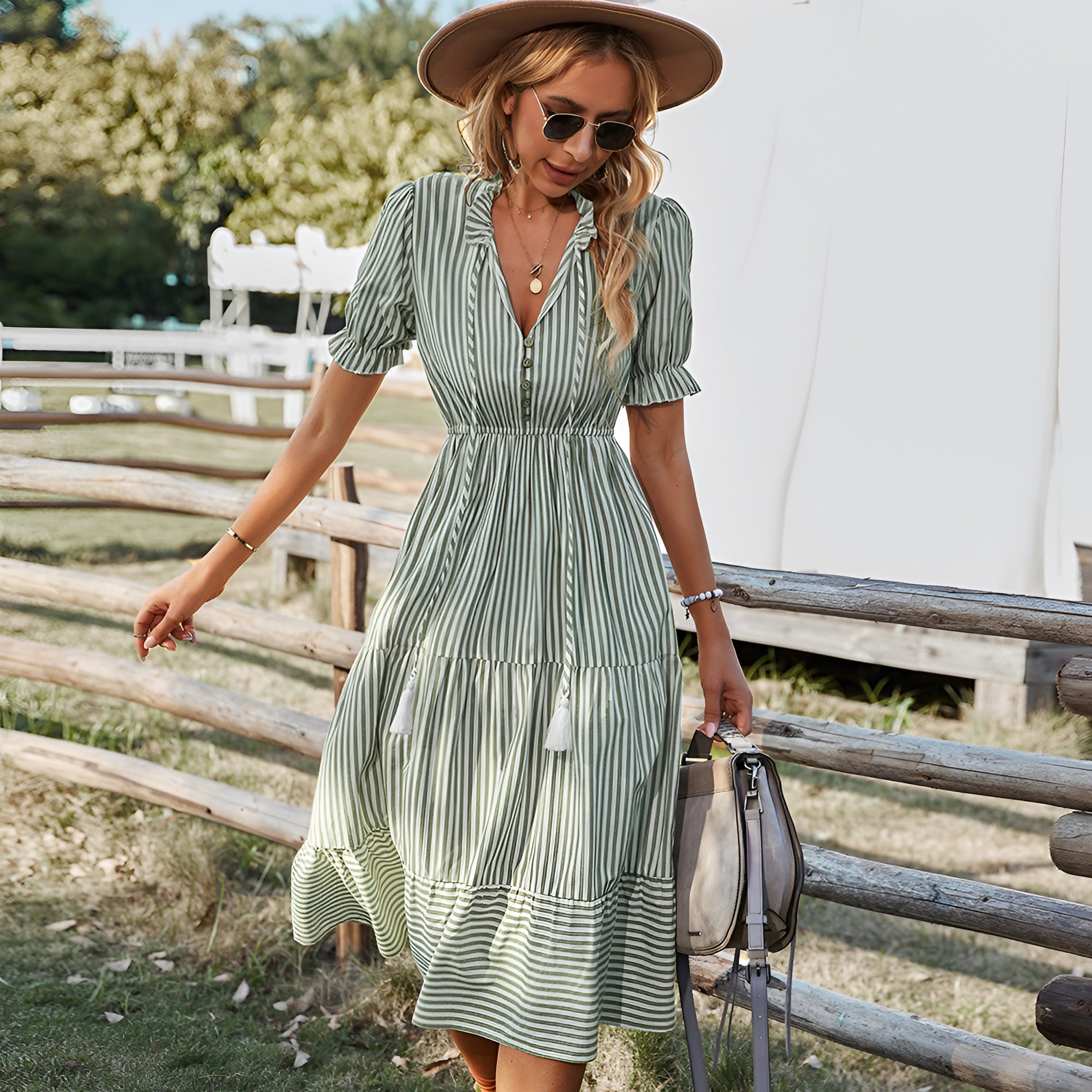 Striped Puff Sleeve Midi Dress