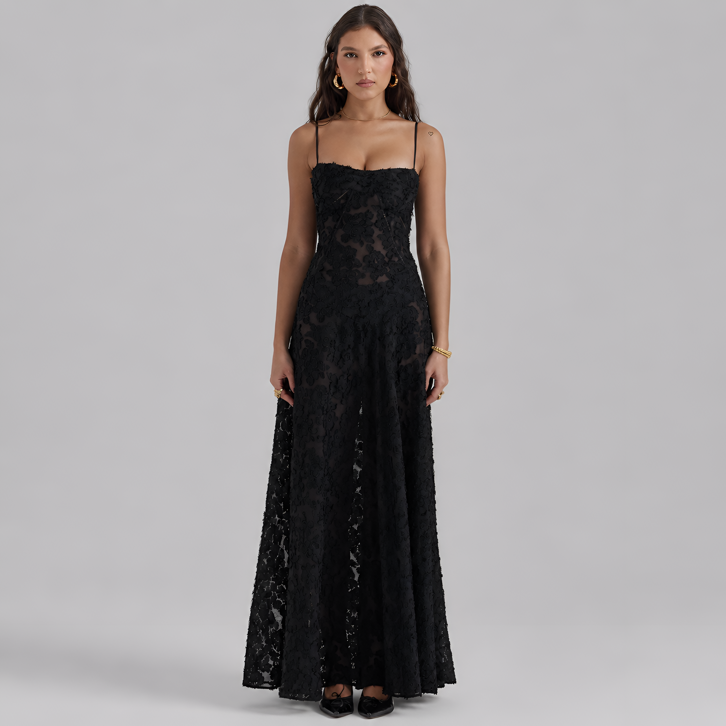 Textured Sheer Overlay Maxi Dress