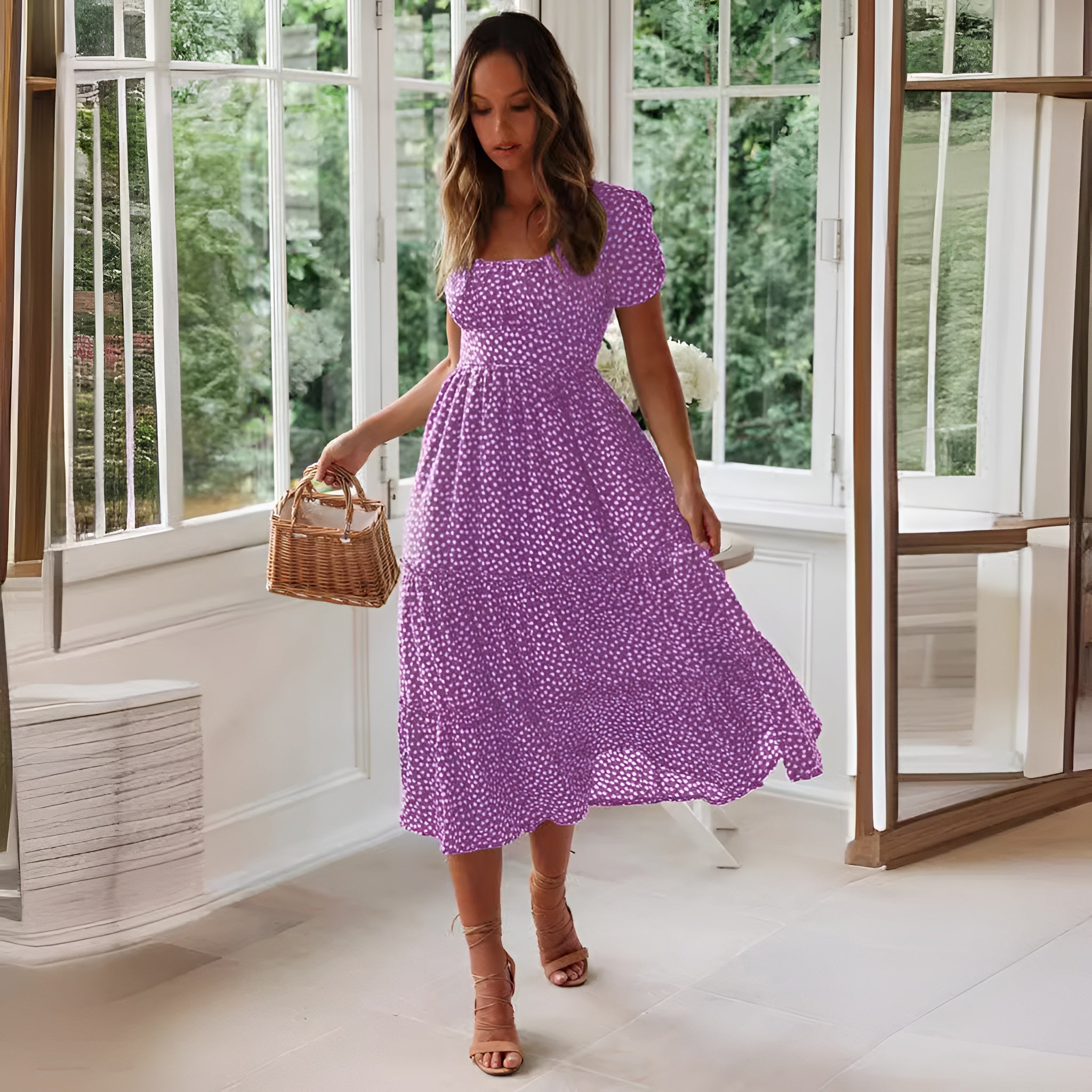 Tiered Puff Sleeve Midi Dress