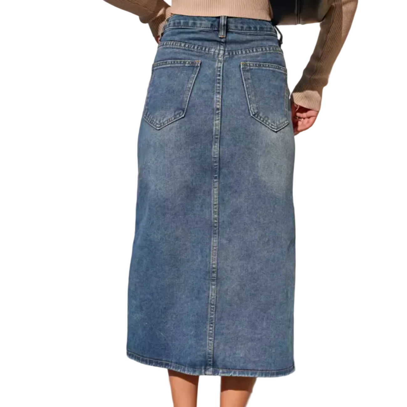 Women's Denim Maxi Skirt with High Waist and Front Split