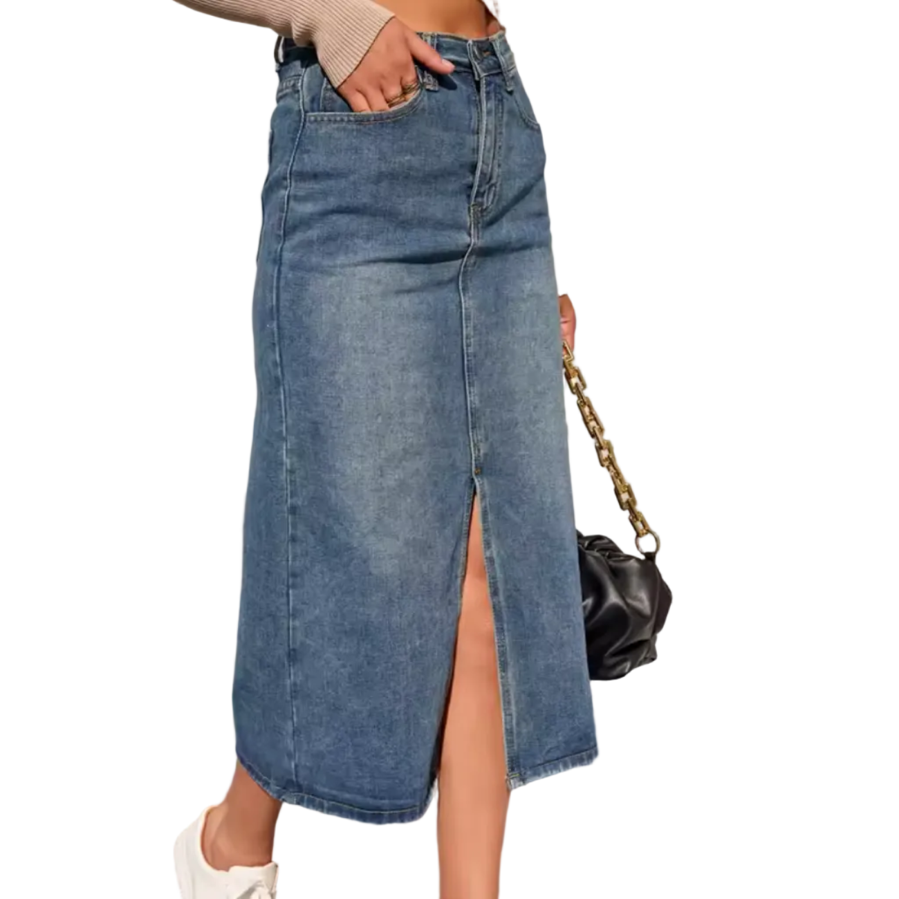 Women's Denim Maxi Skirt with High Waist and Front Split