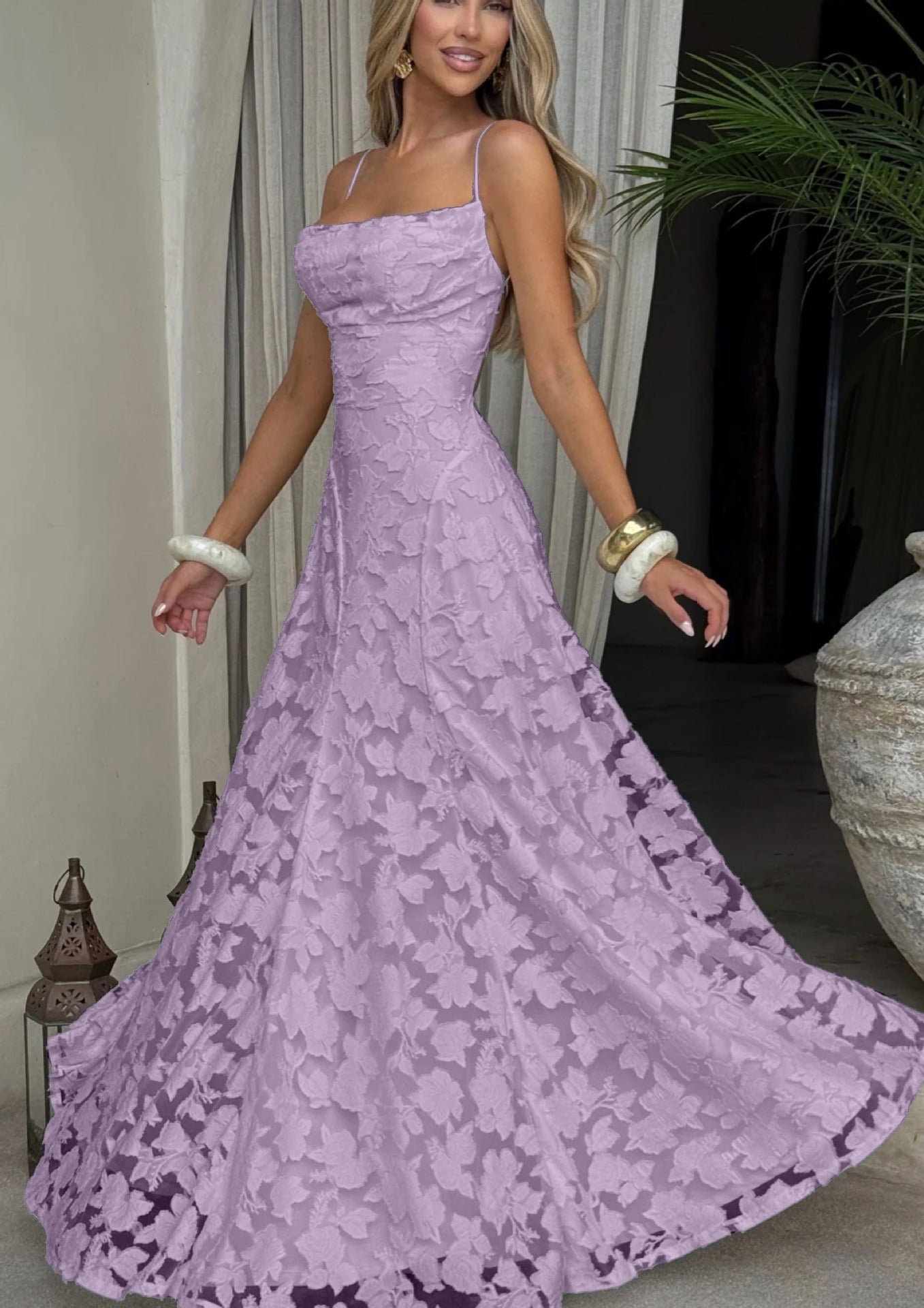Womens Square Neck Textured Floral A Line Maxi Dress