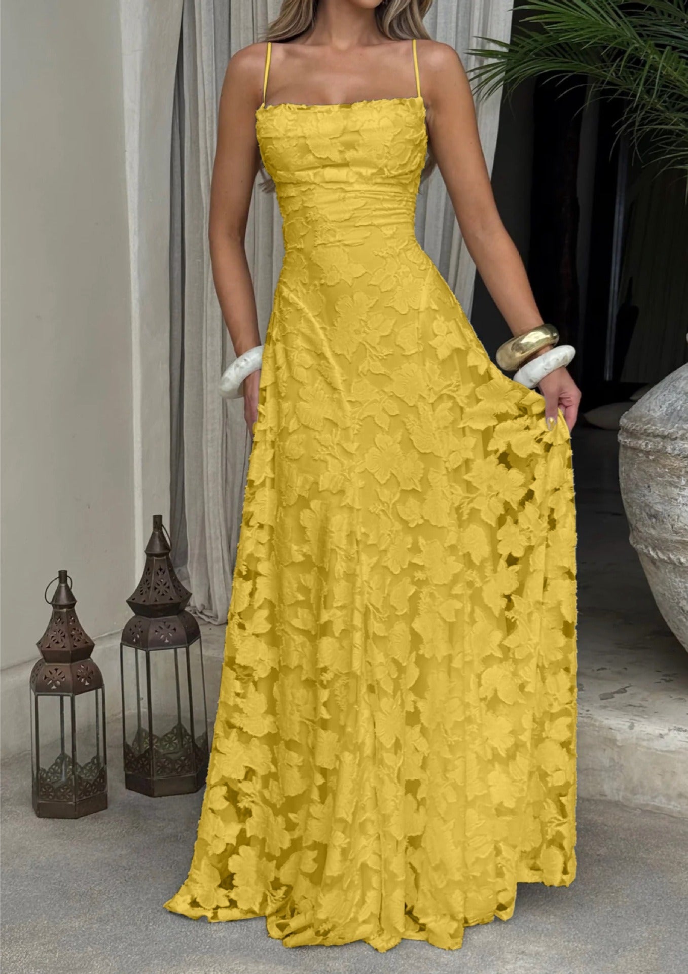 Womens Square Neck Textured Floral A Line Maxi Dress