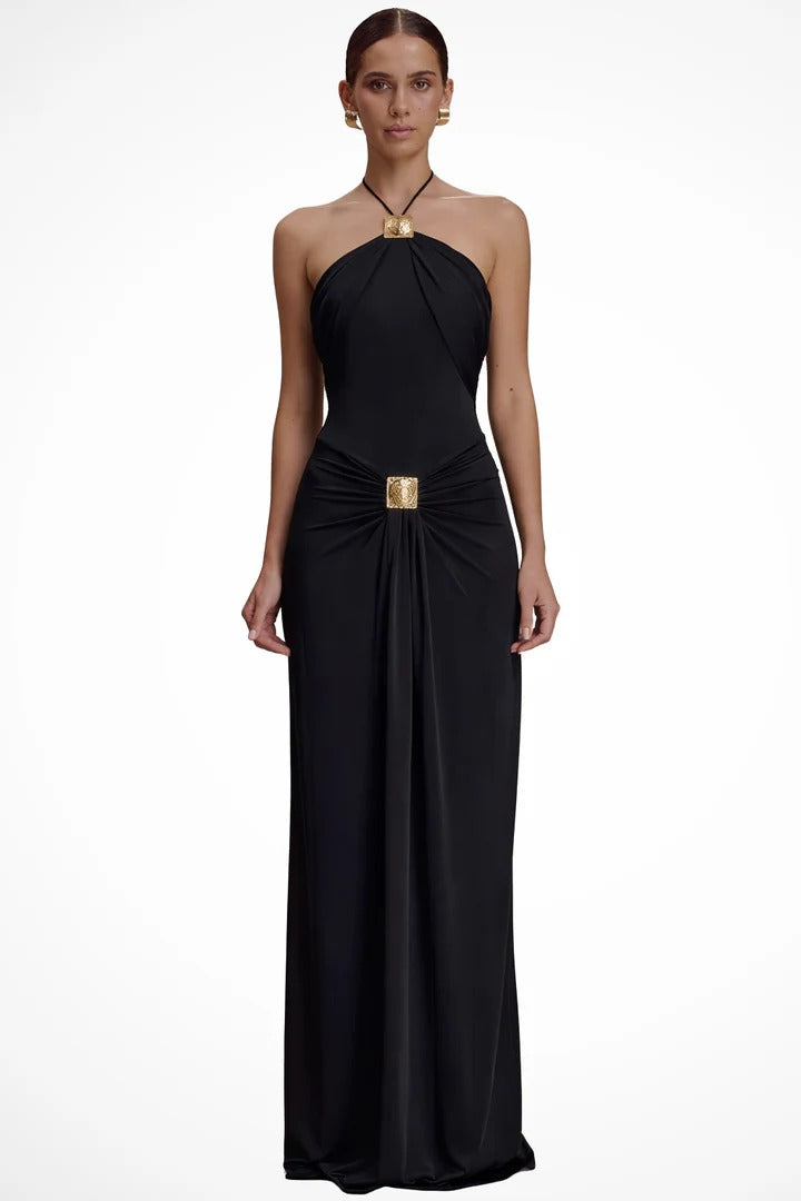 Women's Halter Neck Draped Long Dress