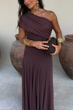Womens Pleated One-Shoulder Maxi Dress with Asymmetric Neckline