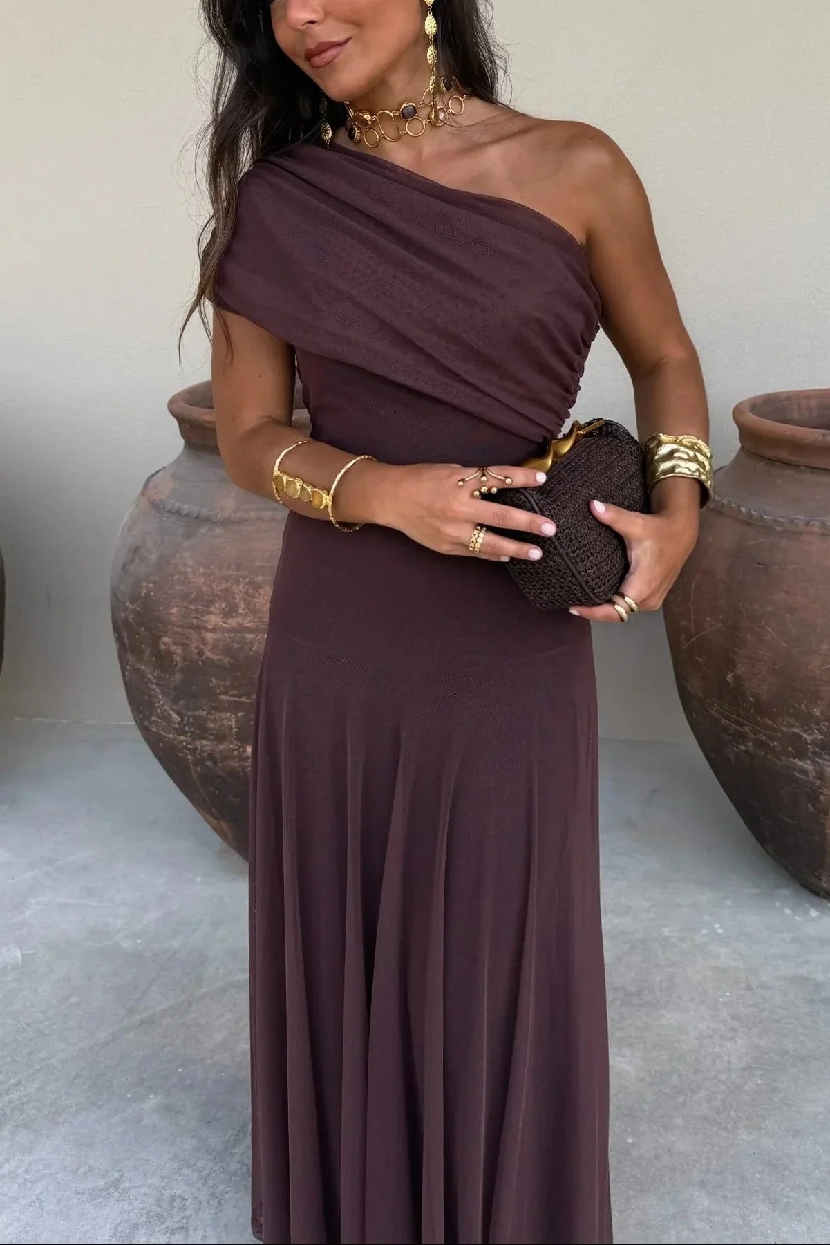 Womens Pleated One-Shoulder Maxi Dress with Asymmetric Neckline