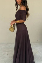 Womens Pleated One-Shoulder Maxi Dress with Asymmetric Neckline