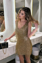 Womens Sequin Fringe Mini Dress with V-Neck Sleeveless