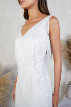 Womens Sequin Fringe Mini Dress with V-Neck Sleeveless