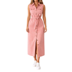 Women's Sleeveless Belted Button-Down Denim Maxi Dress with Front Split