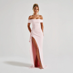 Womens Off-Shoulder Maxi Dress with High Slit and Short Sleeves Description