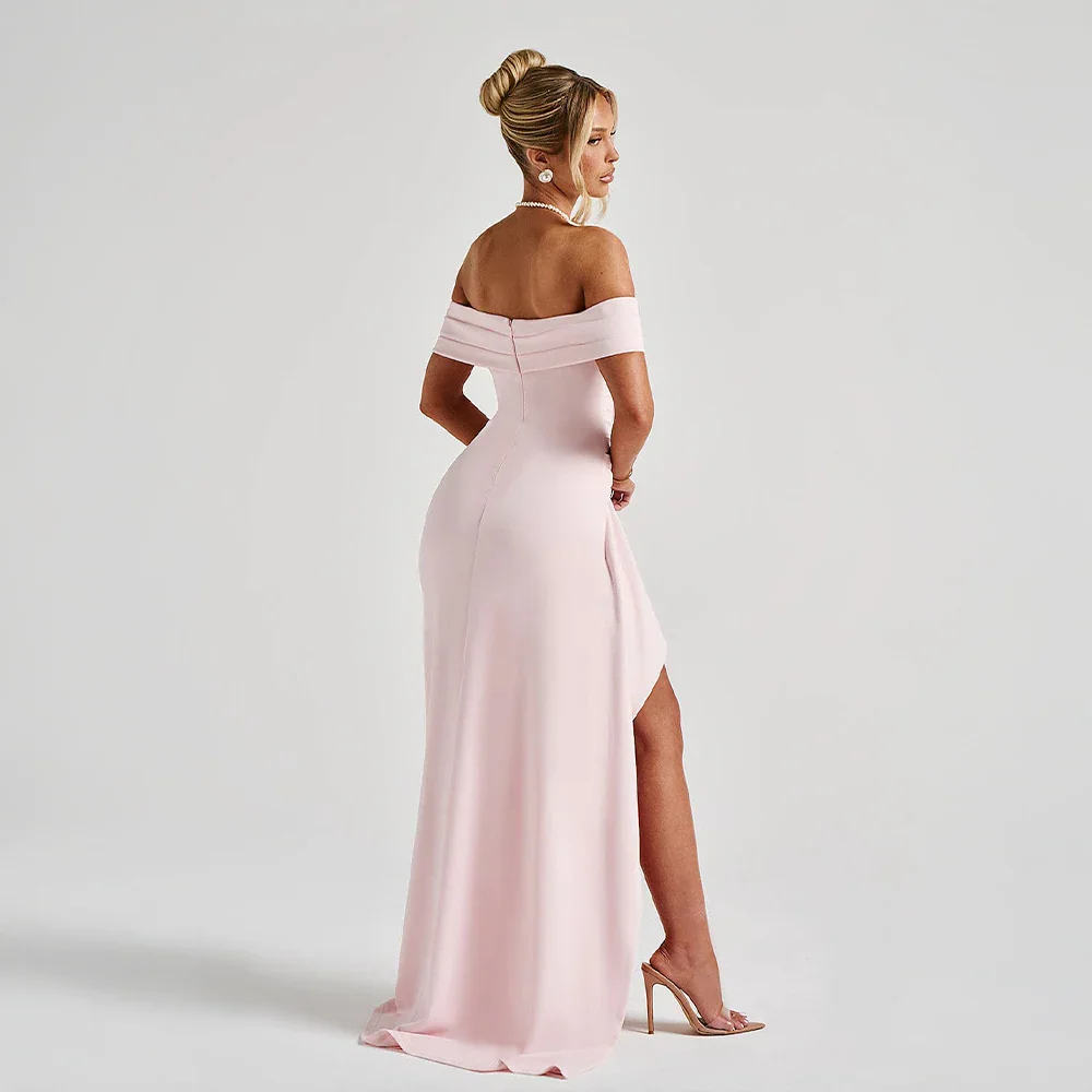 Womens Off-Shoulder Maxi Dress with High Slit and Short Sleeves Description