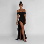 Womens Off-Shoulder Maxi Dress with High Slit and Short Sleeves Description