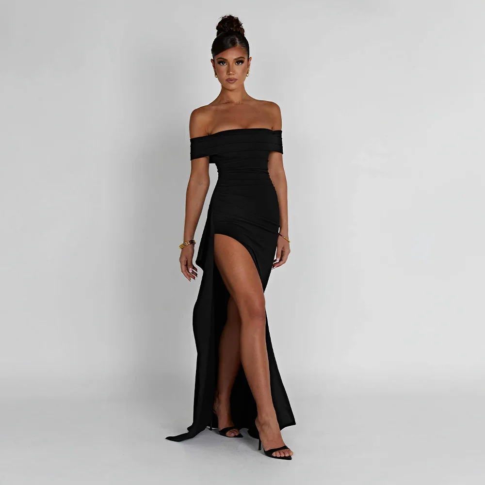Womens Off-Shoulder Maxi Dress with High Slit and Short Sleeves Description
