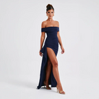Womens Off-Shoulder Maxi Dress with High Slit and Short Sleeves Description