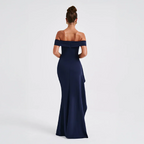 Womens Off-Shoulder Maxi Dress with High Slit and Short Sleeves Description