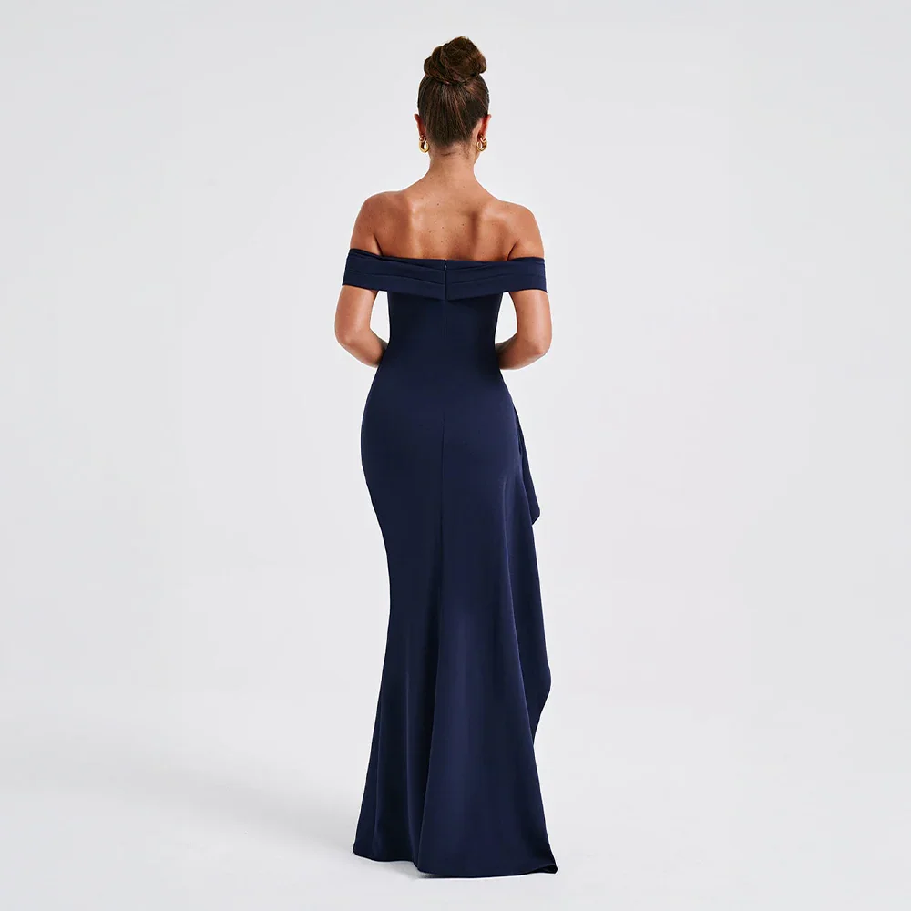 Womens Off-Shoulder Maxi Dress with High Slit and Short Sleeves Description