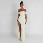 Womens Off-Shoulder Maxi Dress with High Slit and Short Sleeves Description