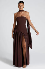 Womens Strapless Corset Maxi Dress with High Slit and Scarf Drape