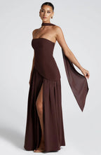 Womens Strapless Corset Maxi Dress with High Slit and Scarf Drape